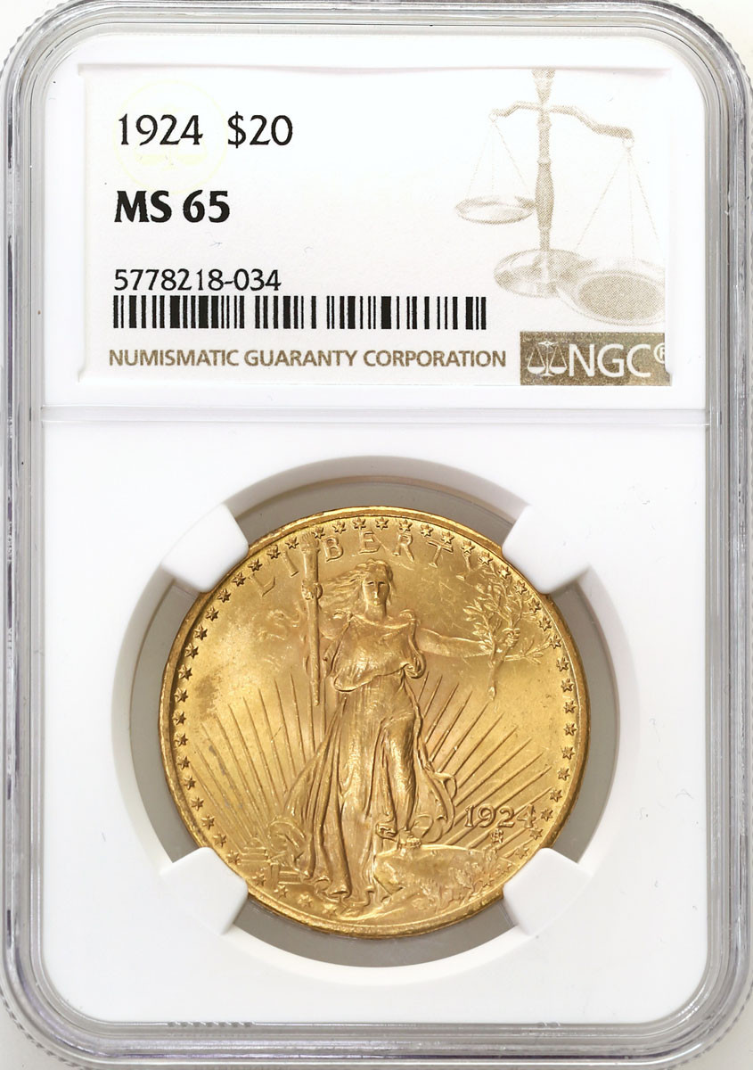 USA. 20 dolarów 1924 Saint Gaudens Filadelfia, NGC MS65 - WYŚMIENITE